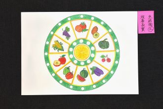 写真：恵那陶磁器工業協同組合理事長賞のデザイン画　野菜や果物を時計のように配置したデザイン