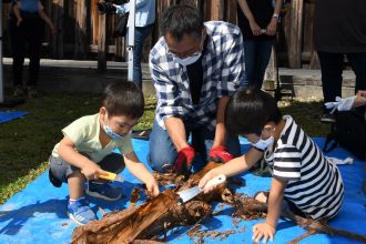 写真：親子が大杉の枝の皮むきをしている様子