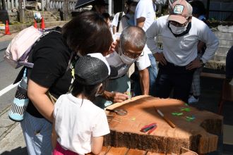 写真：子どもが大杉の幹の年輪を数えている様子