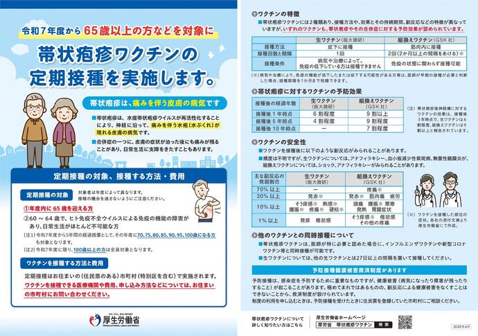 厚生労働省-帯状疱疹予防接種チラシ